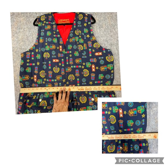 Vtg LizSport Medal Print/Red Reversible Preppy Vintage Military Zip Vest - Sz L - Picture 3 of 16